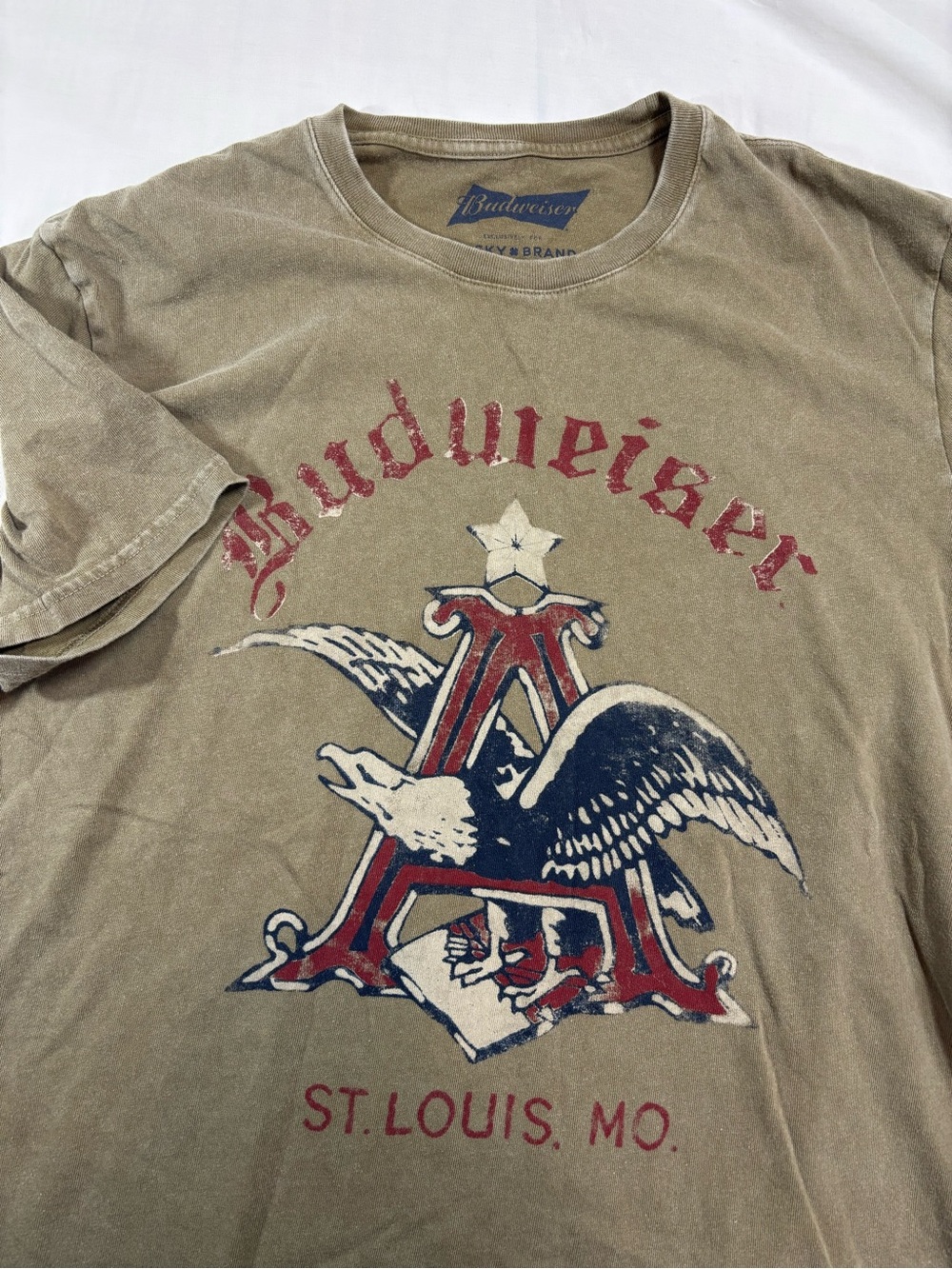Lucky Brand Olive Short Sleeve Tee with Red & Navy Graphic